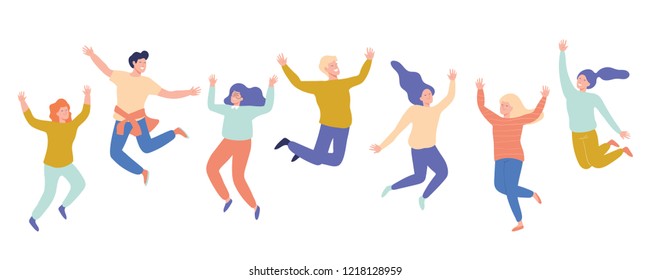 Group of young happy laughing people jumping with raised hands. Students. Vector flat cartoon illustration isolated on white background.