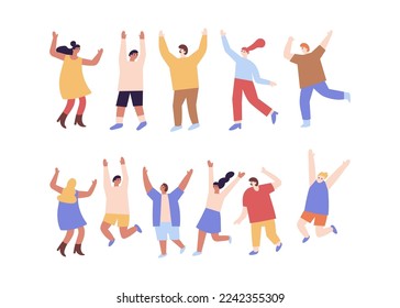 Group of young happy laughing people jumping with raised hands. Students. Vector flat cartoon illustration isolated on white background.	
