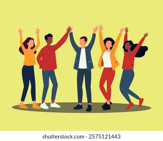 Group of young happy laughing people jumping with raised hands. Students. flat design illustration