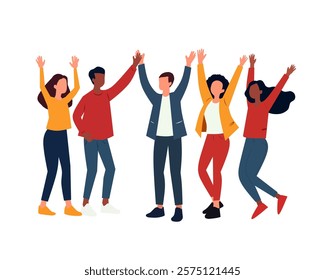 Group of young happy laughing people jumping with raised hands. Students. flat design illustration