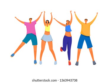 Group of young happy people. Boys and girls happily raised their hands up. Friends on summer vacation. Vector illustration.