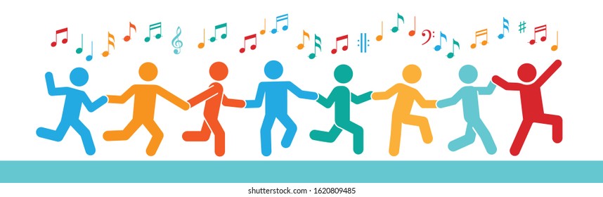 Group of young happy people dancing and celebrate. Pictogram with raised hands and positive emotions.