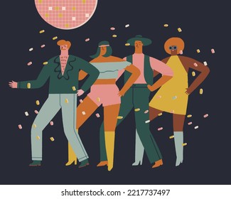 Group of young happy people dancing under ether disco ball. Smiling young men and women are enjoying a dance disco party. Colorful invitation card or poster in flat cartoon style.