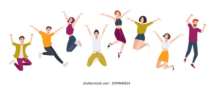 Group of young happy people jumping together with raised hands. Smiling positive men and women isolated on white background. Happiness, fun and rejoice. Flat cartoon colorful vector illustration