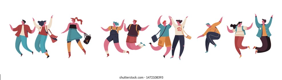 Group of young happy people or male and female jumping and rejoicing. Smiling young male and female enjoying. Colorful vector illustration in flat cartoon style.