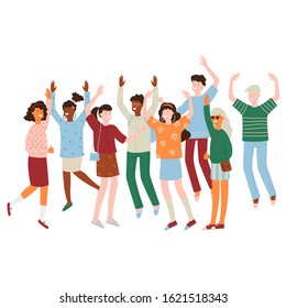 Group of young happy people man and women of different ethnic group enjoing life, vector illustration, isolated