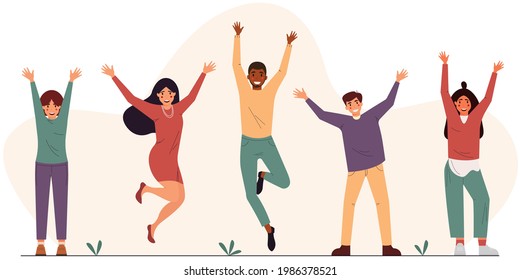 Group of young happy people with their hands up. Color flat vector illustration on abstract background