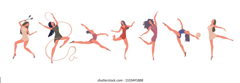 Group of young happy woman gymnasts isolated on a white background. Young girls perform gymnastic exercises using special equipment. Colorful vector illustration in a flat style.