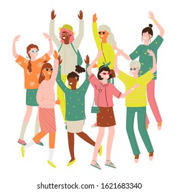 Group of young happy women or girls dressed in trendy colorful clothes. Group of friends or feminist activists enjoing life. Cartoon vector illustraion isolated on white background in flat style