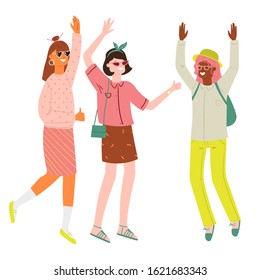 Group of young happy women or girls dressed in trendy colorful clothes. Group of friends or feminist activists enjoing life. Cartoon vector illustraion isolated on white background in flat style