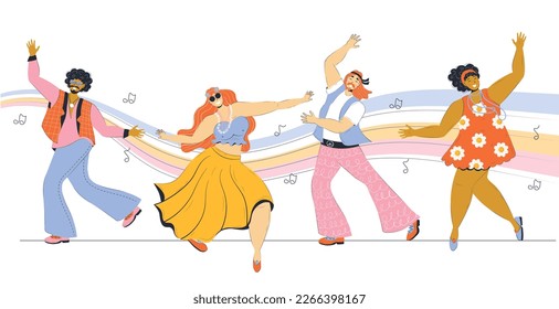 group of young hippie women and men dancing against the backdrop of rainbow waves of retro songs svg