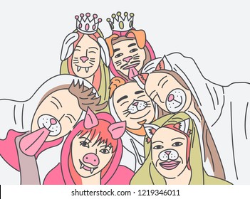 Group of young hipster friends make selfie photo with smartphone camera. Vector illustration.