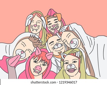 Group of young hipster friends make selfie photo with smartphone camera. Vector illustration.