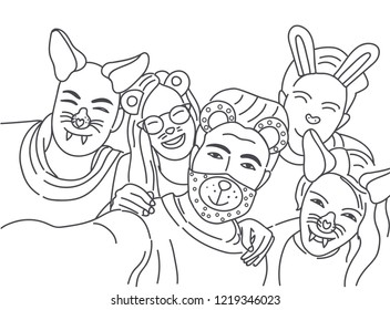 Group of young hipster friends make selfie photo with smartphone camera. Vector illustration. Coloring book.