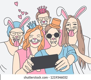 Group of young hipster friends make selfie photo with smartphone camera. Vector illustration.