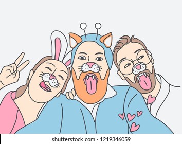 Group of young hipster friends make selfie photo with smartphone camera. Vector illustration.