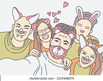 Group of young hipster friends make selfie photo with smartphone camera. Vector illustration.