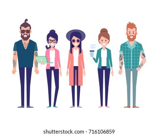 Group of young hipster friends. Urban citizen characters. Flat vector illustration isolated on white background. Cartoon style.