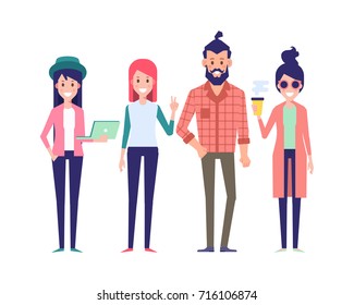 Group of young hipster friends. Urban citizen characters. Flat vector illustration isolated on white background. Cartoon style.