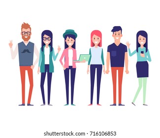 Group of young hipster friends.Urban citizen characters. Flat vector illustration isolated on white background. Cartoon style.