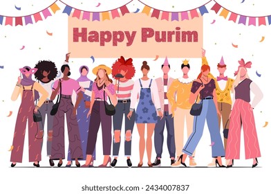 A group of young individuals dressed in masquerade costumes are holding a poster that reads Happy Purim. Jewish holiday. The carnival is filled with colorful flying confetti against.