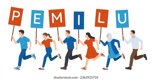 a group of young Indonesians carrying a sign announcing the general election or pemilu in Indonesia