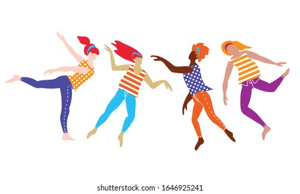 Group of young international women dancing in free spontaneous way. Flat vector illustration.