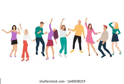  Group of young joyful happy men and women dancing with their hands up, isolated on a white background. Happy people in colorful outfits in different poses. Vector illustration in flat cartoon style