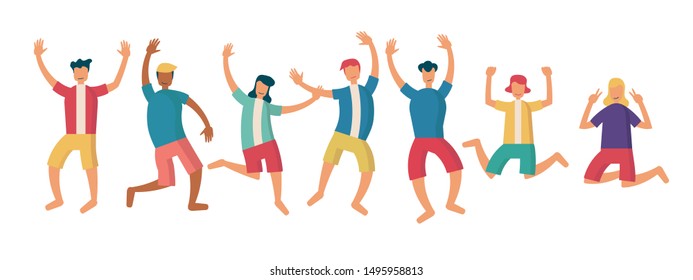 group of young joyful happy people jumping with raised hands isolated on white background. character female and male. cartoon flat vector illustration 