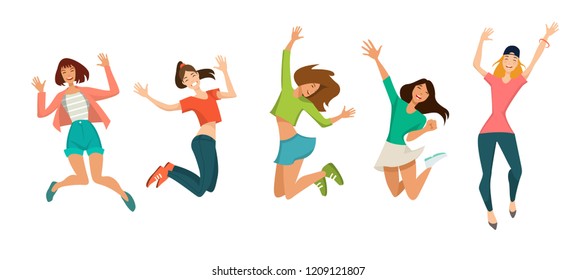 Group of young joyful laughing girls jumping with raised hands isolated on white background. Colored vector illustration in flat cartoon style.