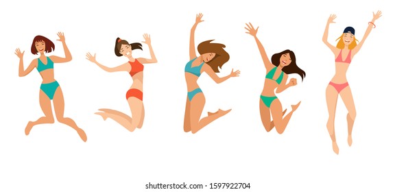 Group of young joyful laughing girls jumping with raised hands isolated on white background. Summer. Wearing swim suit. Colored vector illustration in flat cartoon style.