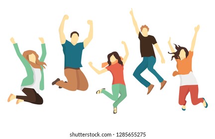 Group of young joyful laughing people jumping with raised hands isolated on white background. Happy young men and women rejoicing together. Colored vector illustration in flat cartoon style.