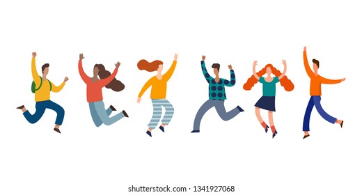 Group of young joyful laughing people jumping with raised hands isolated on white background.  vector illustration