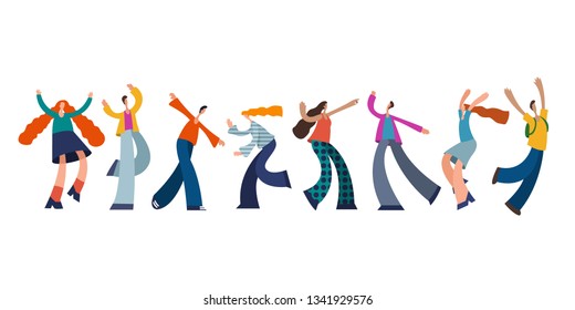 Group of young joyful laughing people jumping with raised hands isolated on white background.  vector illustration.