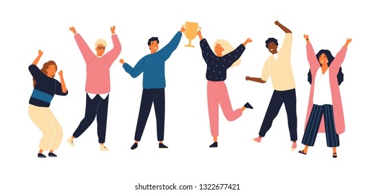 Group of young joyful people with champion cup isolated on white background. Happy positive men and women celebrating victory and rejoicing together. Successful teamwork. Flat vector illustration.