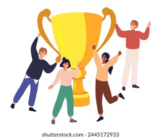 Group of young joyful people with champion cup isolated on white background. Happy positive men and women celebrating victory and rejoicing together. Successful teamwork. Flat vector illustration.