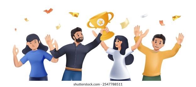Group of young joyful people with champion cup isolated on white background. Happy positive men and women celebrating victory and rejoicing together. Successful teamwork. 3D vector illustration