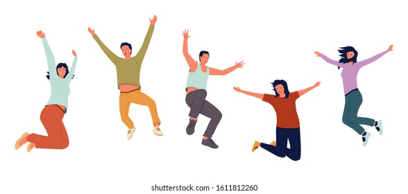 Group of young joyful  people jumping with raised hands isolated on white background. Happy positive young men and women rejoicing together. Vector  illustration in flat cartoon style 