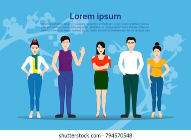 Group Of Young Korean People Standing Over Natural Background Asian Men And Women Flat Vector Illustration