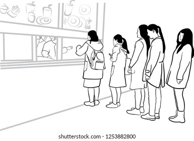 A group of young ladies is buying a food at the pastry store. people lined up in queue waiting.