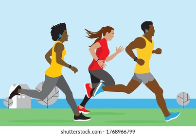 Group Of Young Man And Diverse Women Running Together At Lake Landscape Background. Healthy Lifestyle, Wellness. Marathon Race, Competition, Fitness Workout Challenge, Training Activity. Vector Banner