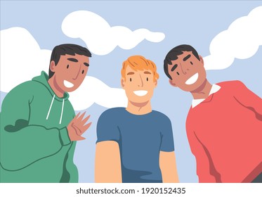 Group of Young Man Looking at Camera from Above Vector Illustration