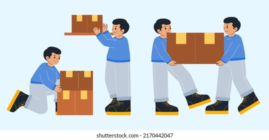Group of young man in Occupation moving house and office, carrying package, lift the box team working in cartoon character, vector illustration