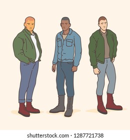 group of young man people with skinhead style fashion isolated on cream background. colorfull vector illustration with music genre style ska and skinhead culture.