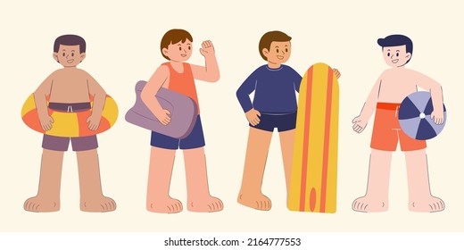 Group of young man in swimming suit with equipment in cartoon character, vector illustration