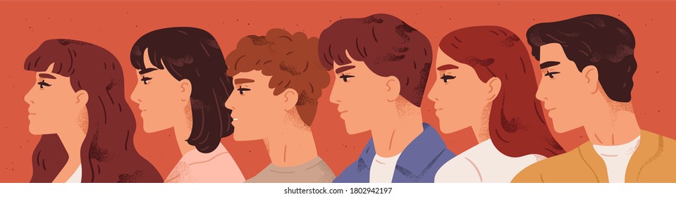 Group of young man and woman looking one direction vector flat illustration. Face profile of male and female characters. People association members. Teamwork, cooperation and friendship concept