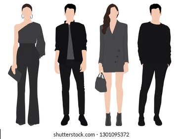 Group of young man and woman, wearing stylish working outfits in standing pose set. Smart people in white background Vector