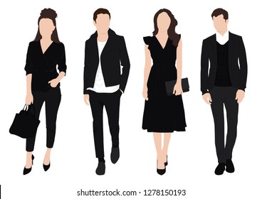 Group of young man and women in standing pose set. Wearing working outfit - Vector