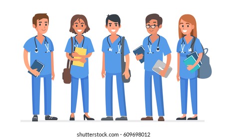 Group of young medical students. Students team. Vector illustration.