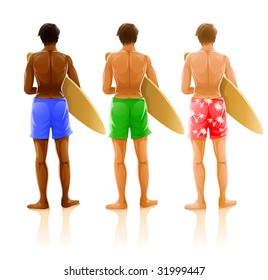 group of young men with boards for surfing - vector illustration